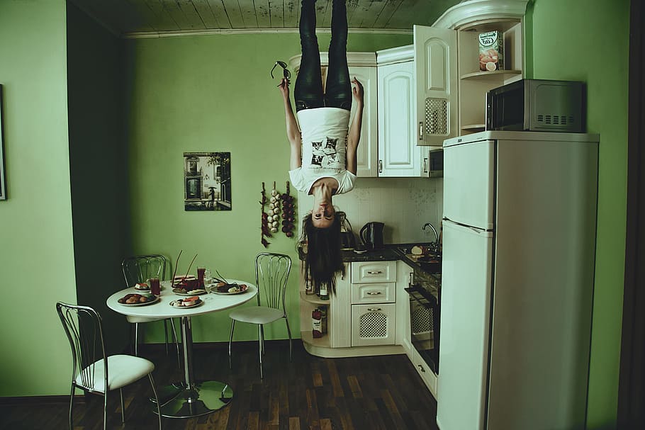 woman, standing, ceiling, white, top-mount refrigerator, house, girl, in ceiling, head down, the gloom