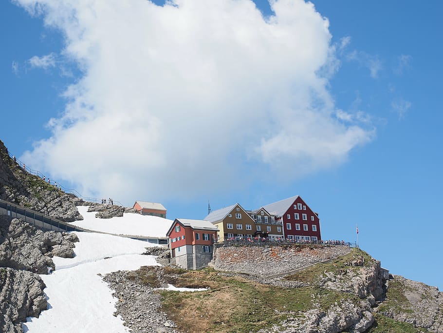 mountain restaurant, mountain inn, restaurant alter säntis, alter säntis, säntis, mountain, alpstein, alpine, snow, swiss alps