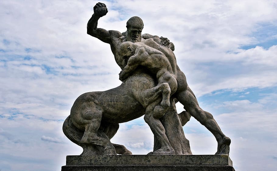 manhorse, man, wrestling, fighting, sculpture, stone, szczecin, poland, statue, art and craft