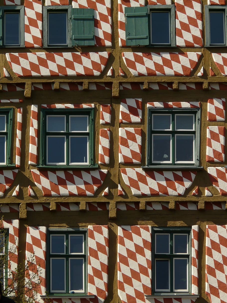 Truss, Fachwerkhaus, Bar, Entablature, home, facade, window, checkered, red white, red