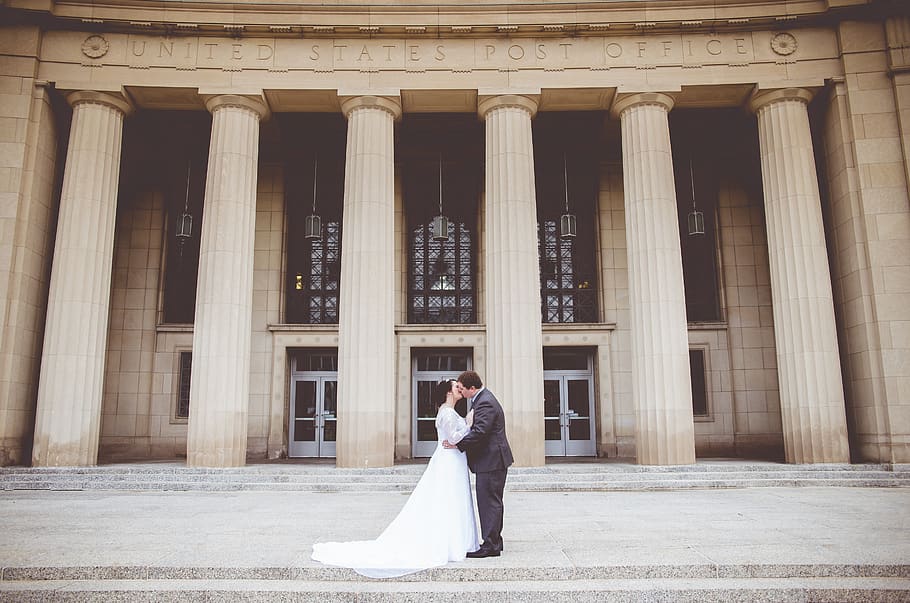 architecture, building, city, couple, daylight, facade, kiss, married, outdoors, pictorial