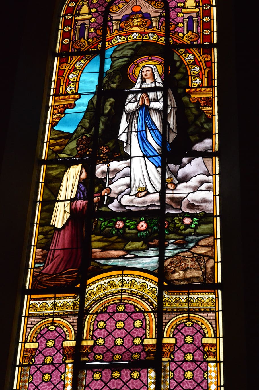 stained glass, window, church, cave, heavy, mary, immaculate conception, bernadette, sainte, candle
