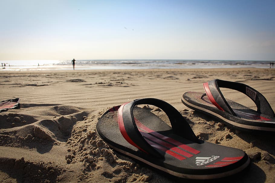 bath slippers, flip flops, beach, sand, vacations, sea, land, sky, water, horizon
