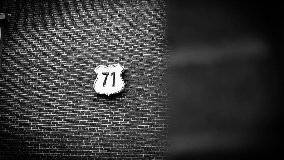 black and white, brick, sign, 71, texture, shadow, car, transport, badge, typography