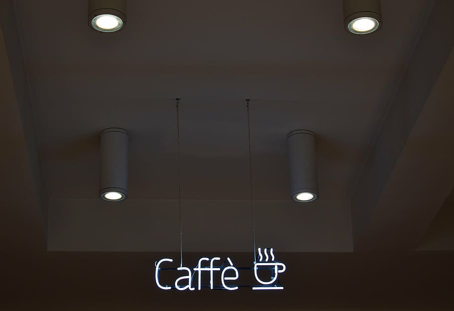 lampu gantung abu-abu, kedai kopi, toko, kafe, caffe, signage, cahaya, lampu, desain, langit-langit