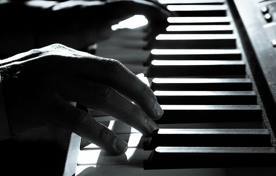 orang bermain piano, musik, alat, piano, kunci, pesta, konser, tangan, hitam dan putih, alat musik