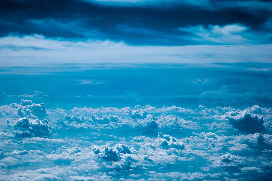 blue, sky, clouds, aerial, view, above the clouds, landscape, nature, travel, flying