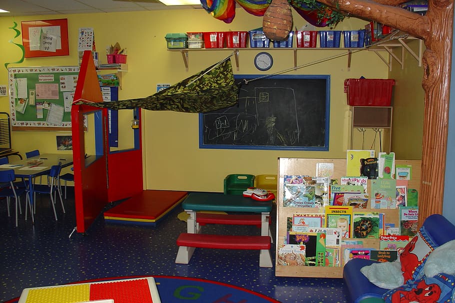 children, multicolored, tables, chairs, kindergarden, preschooler room, playroom, play, room, kids