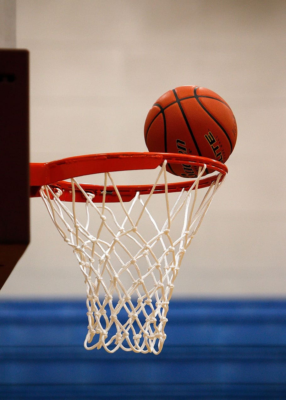brown, basketball, edge, white, red, basketball hoop, net, score, rim