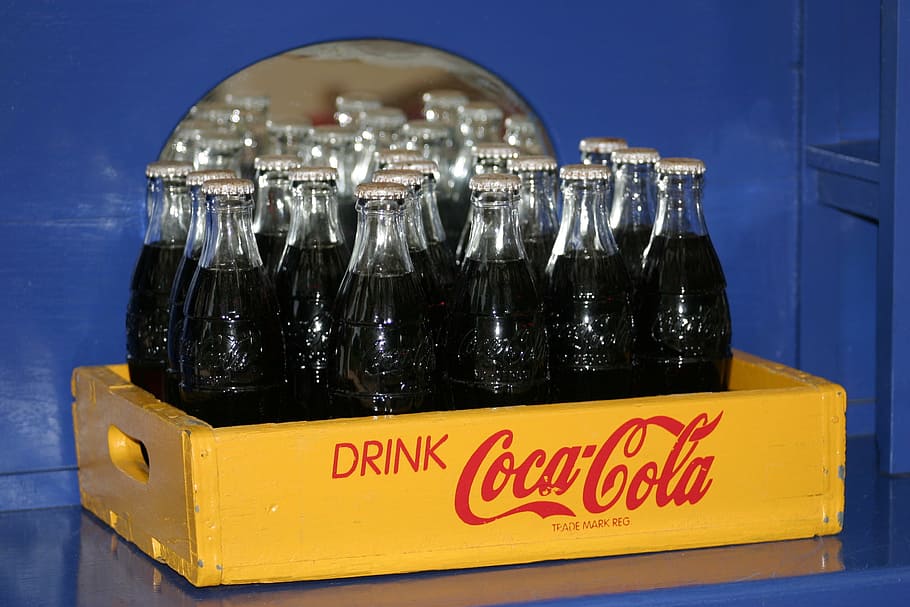 unopened, glasses coca-cola bottles, coke, cola, coca-cola, bottles, soda, sugar, beverage, refreshment
