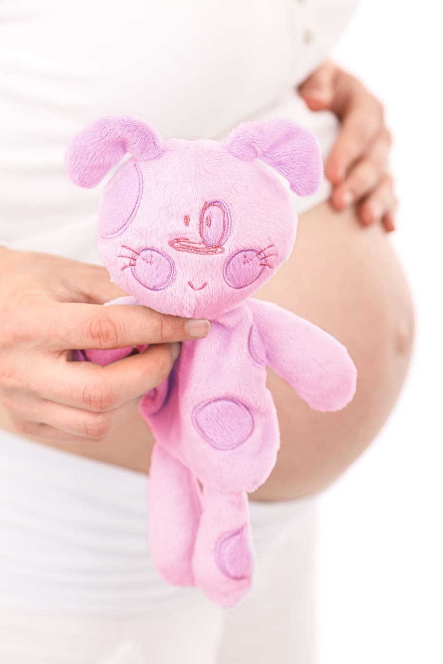 person, holding, pink, plush, toy, plush toy, awaiting, baby, belly, girl