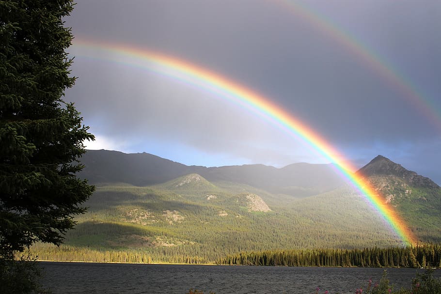 green, mountains, rainbow, rain, arch, palmer lake, atlin, rainbow colors, double rainbow, british columbia