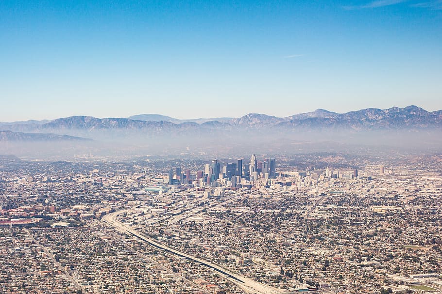 ciudad, aérea, vista, Los Ángeles California, vista aérea, avión, california, vuelos, desde el avión, hollywood