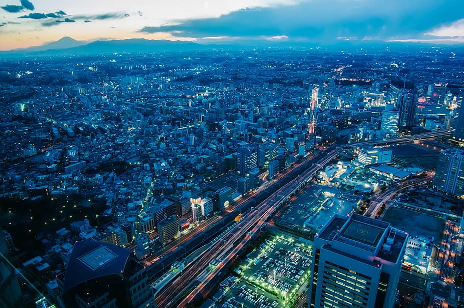 aerial, view, city buildings, sunset, yokohama, japan, dusk, city, urban, buildings
