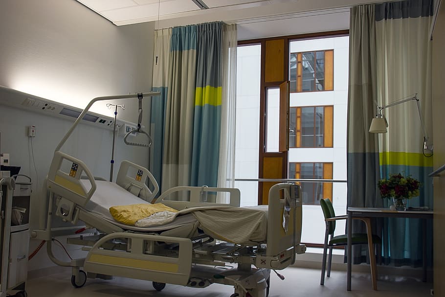 cinza, cama de hospital, azul, cortina da janela, interior, quarto, cuidados, hospital, cama, novo