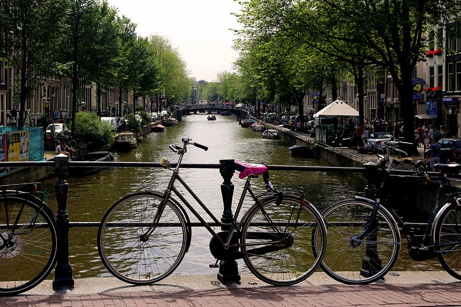 Amsterdam, canal, crucero, bicicleta, agua, puente, barandilla, transporte, modo de transporte, vehículo terrestre