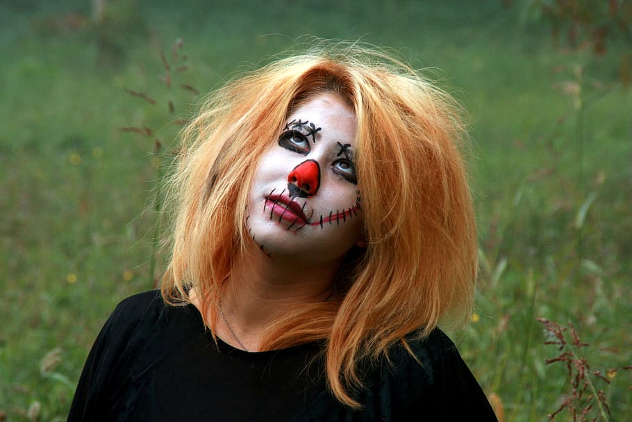 woman, wearing, black, shirt, makeup, grass field, halloween, horror, doll, stitch