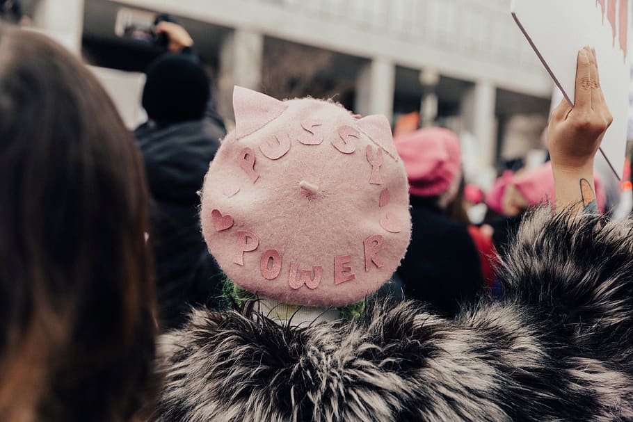 pessoas, mulher, empoderamento, igualdade, rosa, manifestação, pôster, protesto, foto na cabeça, mulheres