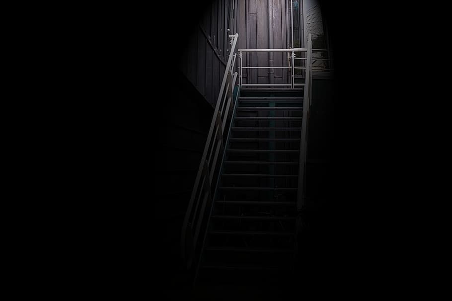 gray steel stair, stairs, light, dark, gloomy, night, staircase, steps and staircases, architecture, railing because the series is going downhill