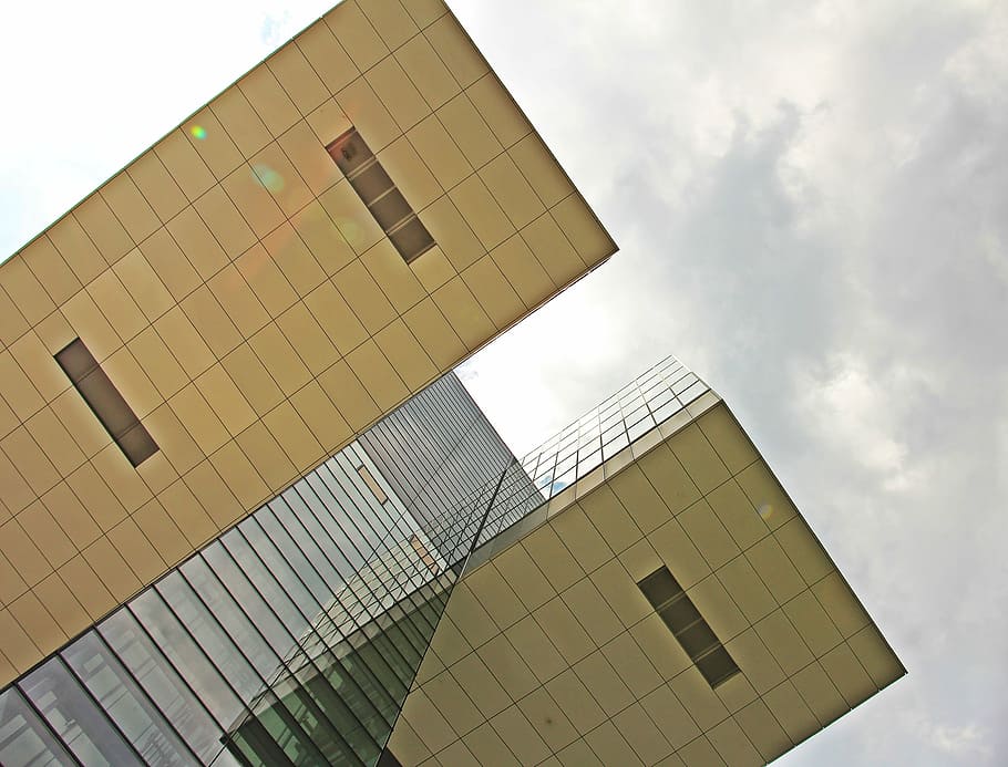 bajo, fotografía de ángulo, edificio, Kranhaus, arquitectura, Colonia, moderno, ventana de cristal, arquitectura moderna, casa