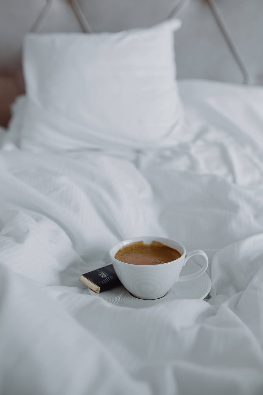 branco, café, xícara, cama, chocolate, roupa de cama, lençóis, pires, Manhã, caneca