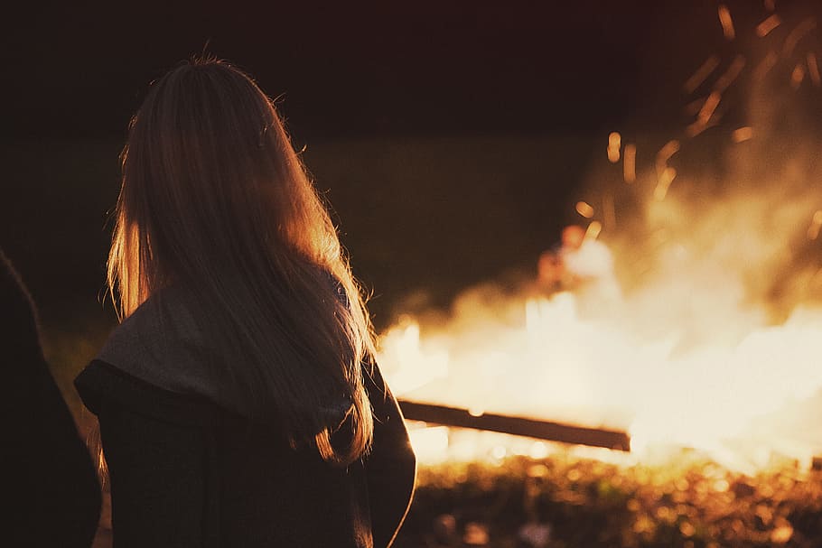 girl, facing, fire, blond, campfire, woman, young, flames, people, female