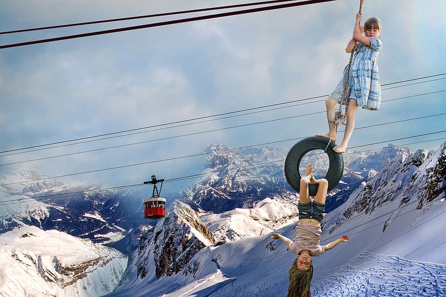 two, children, playing, black, cable, photo montage, child, mountain, cable car, acrobatics