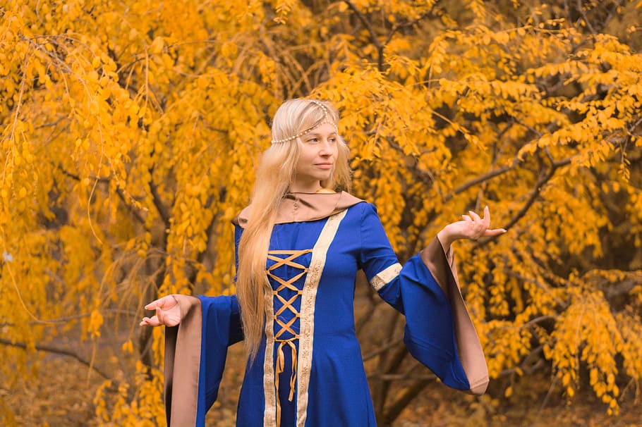 woman, wearing, gold, blue, fairy, dress, front, brown, leafed, tree