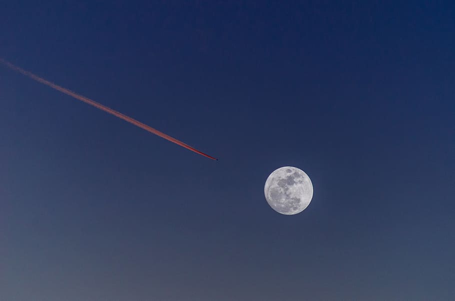 photo of moon, jet, near, moon, blue, sky, spaceship, space exploration, astronomy, vapor trail