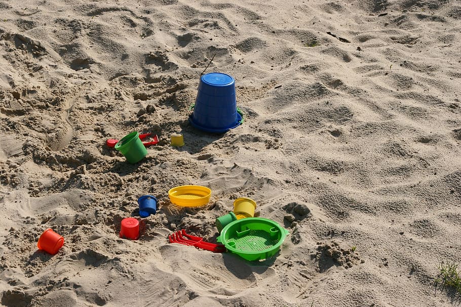 taman bermain, lubang pasir, anak-anak, bermain, pasir, tanah, pantai, ember pasir dan sekop, mainan, tampilan sudut tinggi