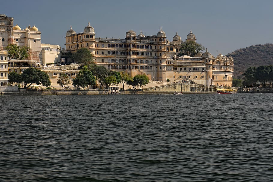 trees beside temple, city palace, architecture, river, waters, panorama, udaipur, india, travel, lake