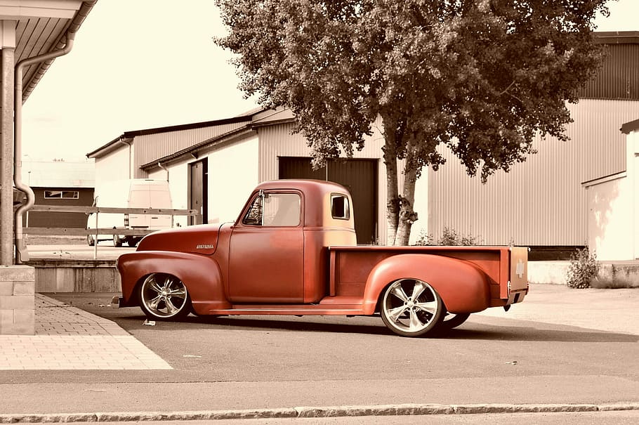 red, pickup truck, parked, trees, Chevrolet, Chevy, Pickup, Truck, Car, chevrolet, chevy, pickup