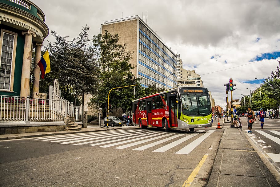 red, bus, daytime, City, Bogota, Colombia, Street, Horizon, architecture, building