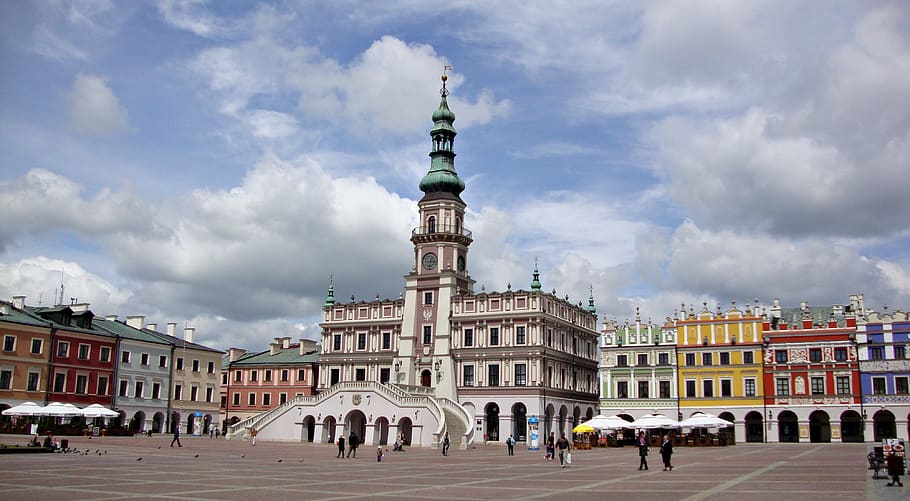 zamość, Polandia, suasana hati, pasar, monumen, kota tua, townhouse berwarna, balai kota, Arsitektur, eksterior bangunan