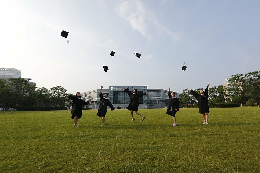 five, person, wearing, academic, dress, graduation, university, classmate, jump, throwing hats