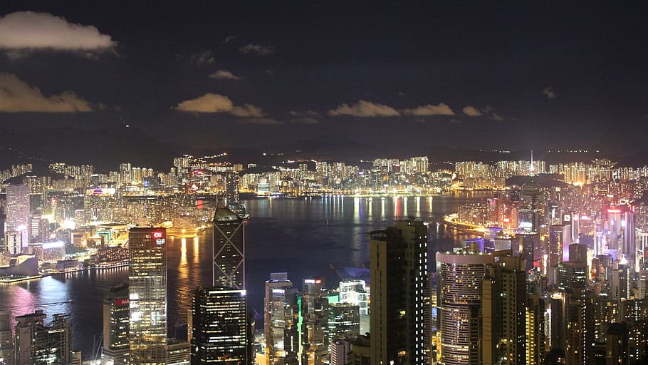 paisaje fotográfico, edificios, noche, paisaje, por la noche, hong kong, paisaje urbano, agua, horizonte, futurista