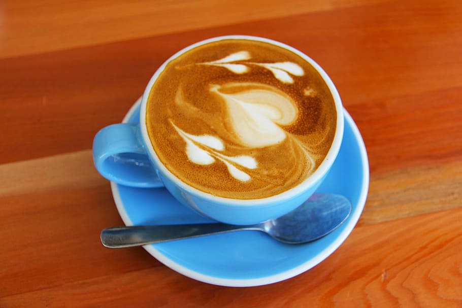 blue, ceramic, teacup, coffee latte, gray, spoon, top, saucer, coffee, cafe