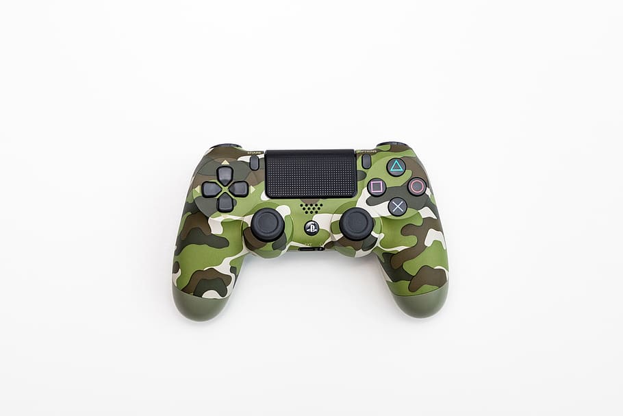 controller, playstation, camo, camouflage, green, console, play, gamepad, entertainment, joystick