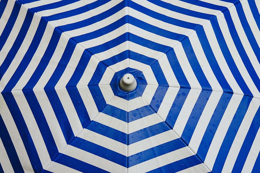 white, blue, striped, umbrella, parasol, shade, vacation, beach, protection, pattern
