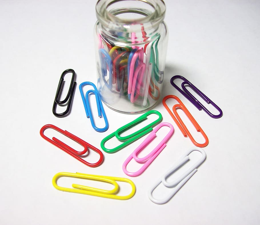 assorted-color paper clips, glass bottle, Paperclips, Stationary, Office, stationary, office, attachments, multicolor, colorful, office supplies