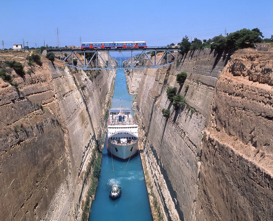 greece, isthmus, boat, channel, corinth, water, transportation, architecture, built structure, nature