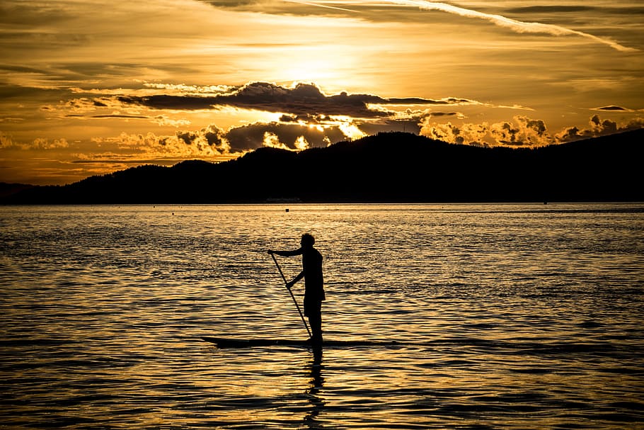silhouette, person, boat, surrounded, body, water, paddle board, sunset, sup, stand up paddling