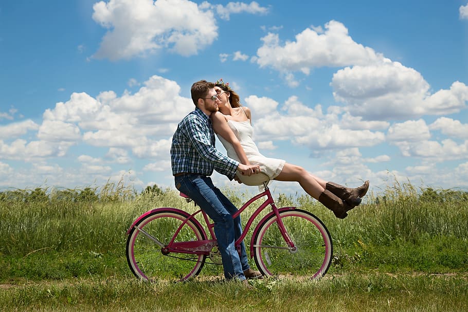 man, woman, riding, bicycle, couple, red bike, engagement, romance, bike, happiness