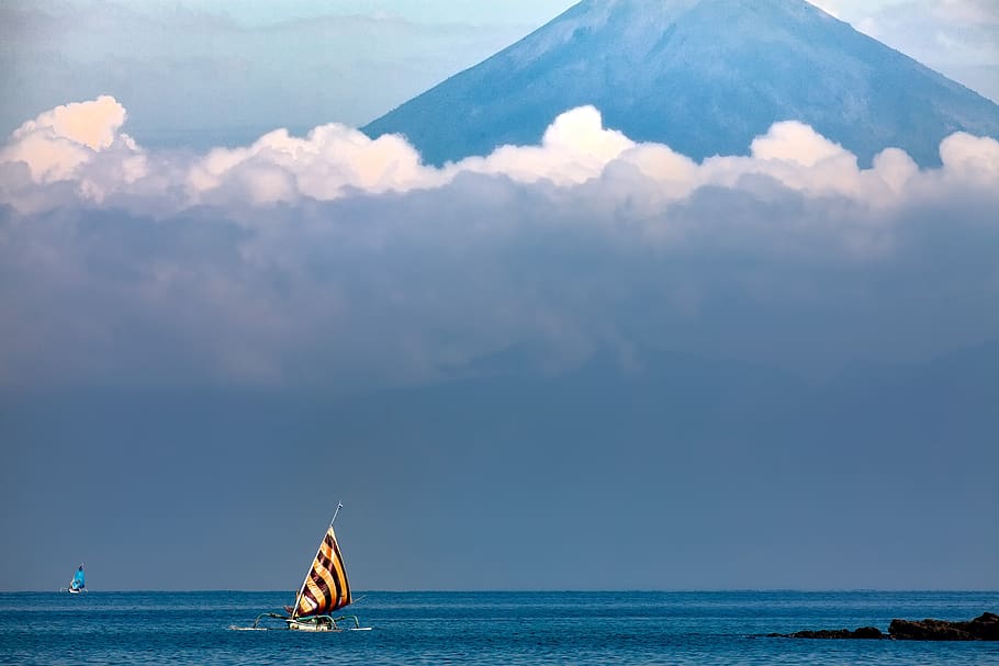 landscape, sea, volcano, the sail from the boat, phishing, agun mountain, bali, indonesia, sky, cloud - sky