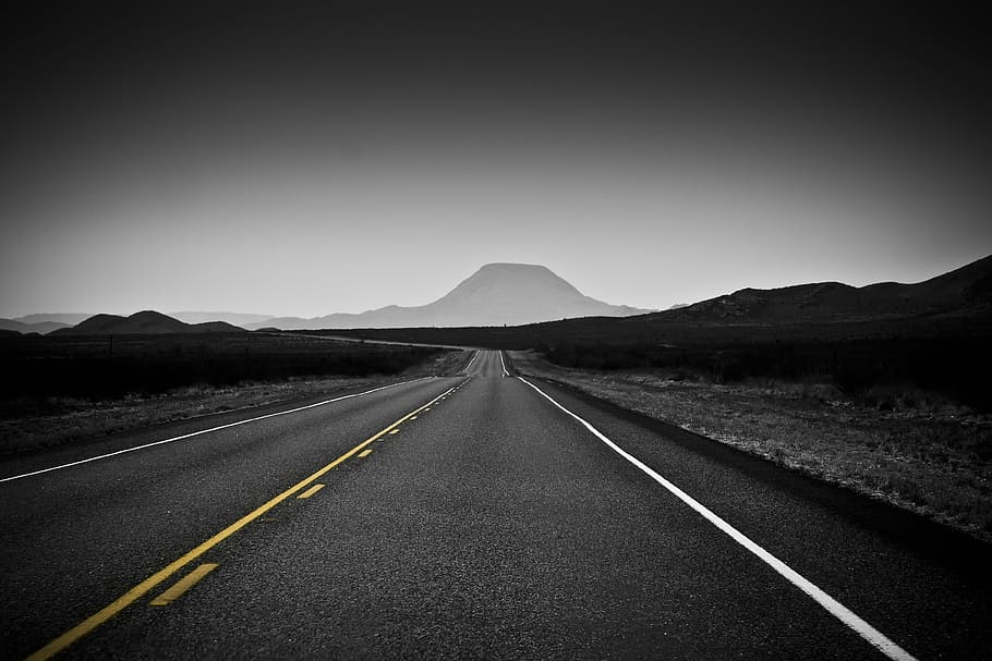 gray, concrete, road, mountain, black and white, desert, texas, backroads, the way forward, vanishing point