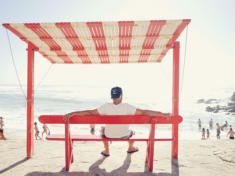 man, wearing, shirt, sitting, red, wooden, bench, wooden bench, beach, men