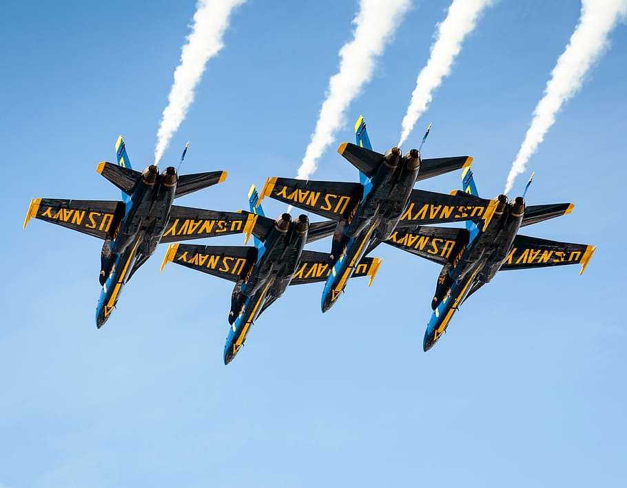 cuatro, aviones de combate, cielo, negro, azul, aviones, jet, avión, vuelo, humo