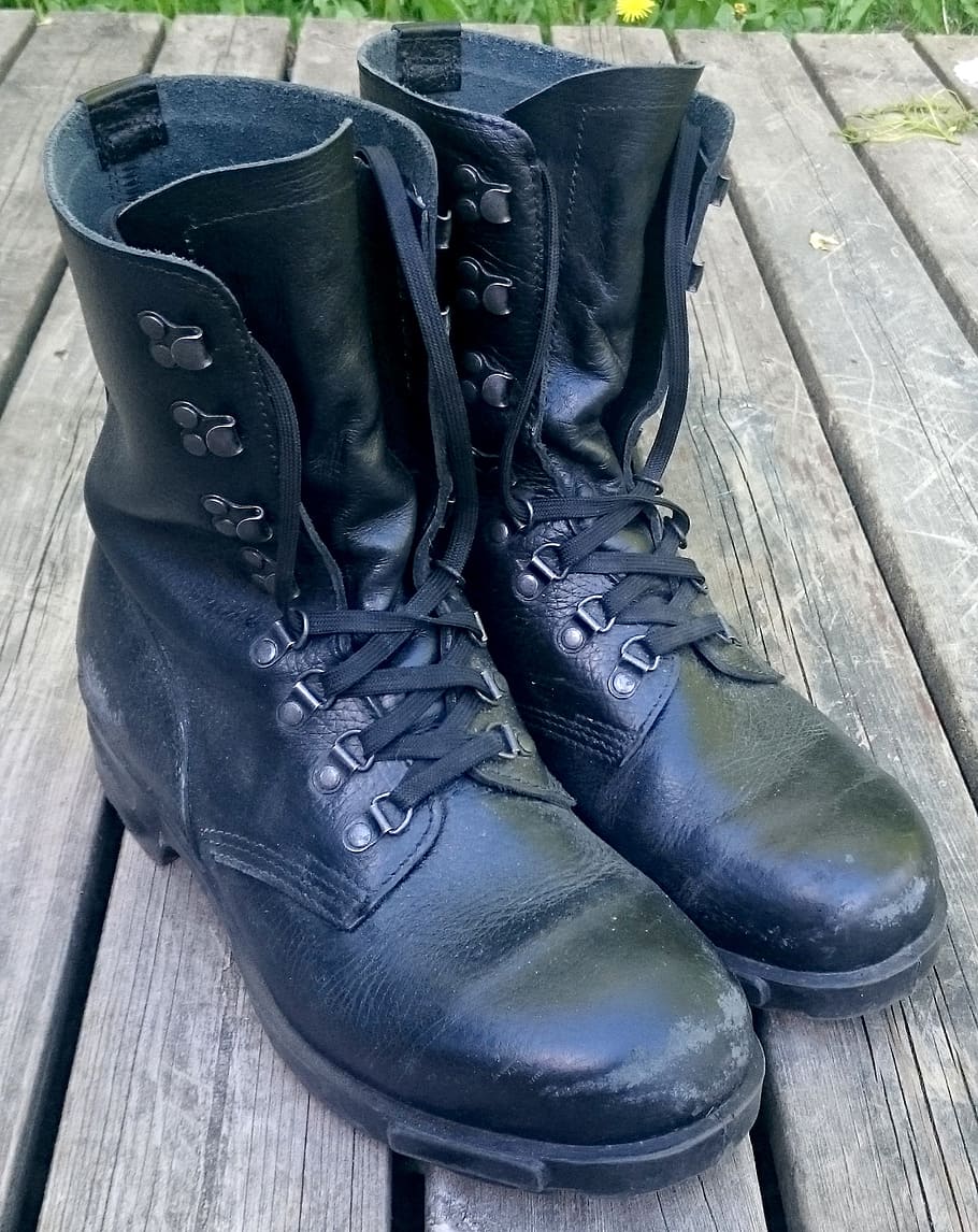 pair, black, leather work boots, brown, surface, boots, army boots, army, military, footwear