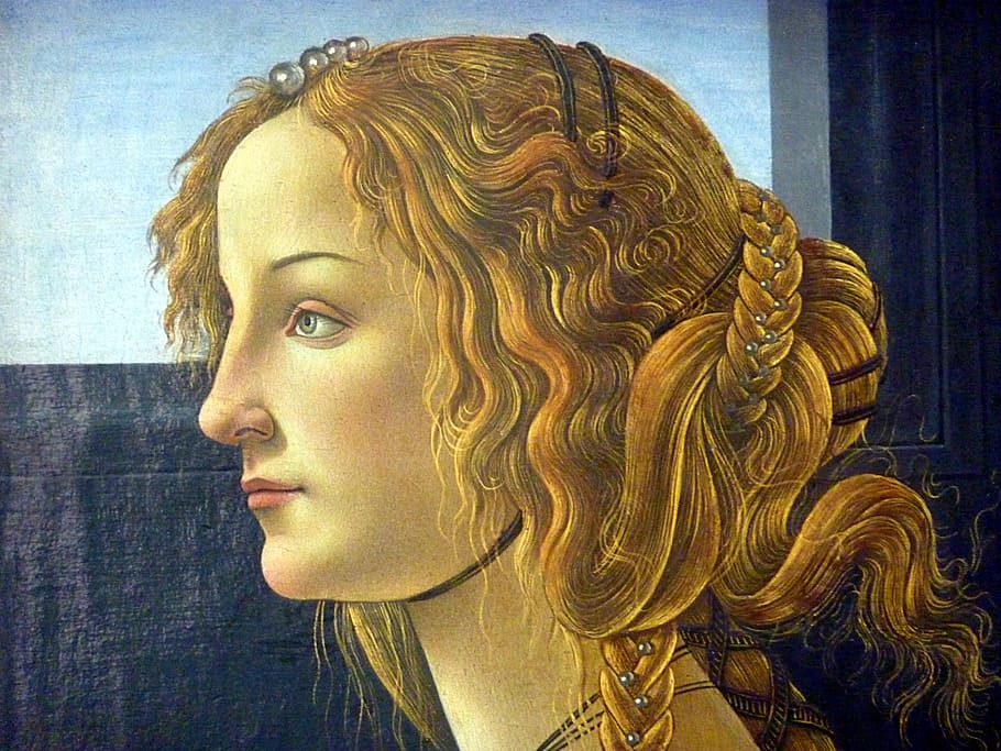 woman, portrait, painting, botticelli, headshot, close-up, indoors, one person, art and craft, hairstyle