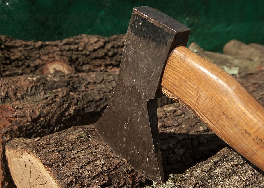 closeup, brown, black, ax, placed, wood log, Wood, Axe, Heating, Woodcutter